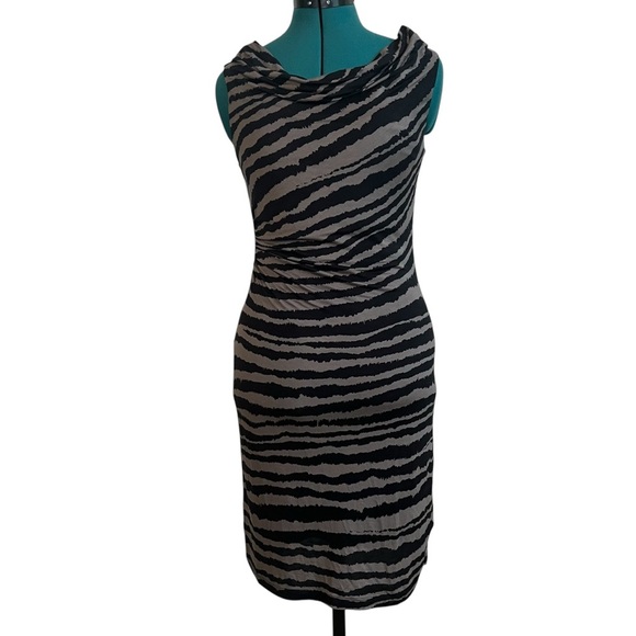 LOFT Black and Tan Animal Print Cowl Neck Sheath Midi Dress - Picture 1 of 9